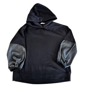 Dorothee Schumacher Black Hooded Sweatshirt Faux Leather Balloon Sleeve Size 2